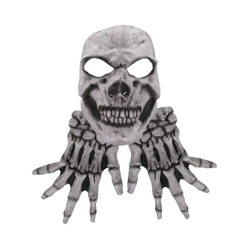 Máscara de calavera blanca con manos de esqueleto