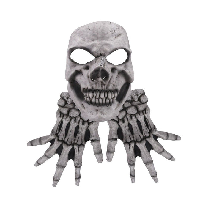 Máscara de calavera blanca con manos de esqueleto