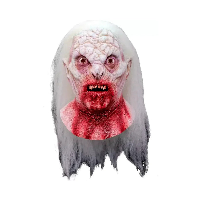 Máscara de látex Drácula Dead con pelo blanco largo y sangre en el cuello