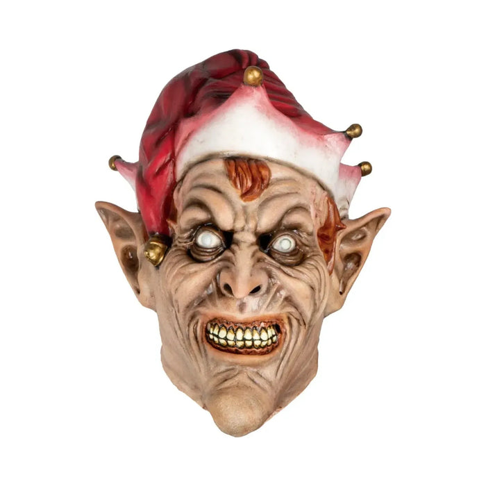 Máscara de látex de duende navideño malvado con gorro rojo y orejas puntiagudas
