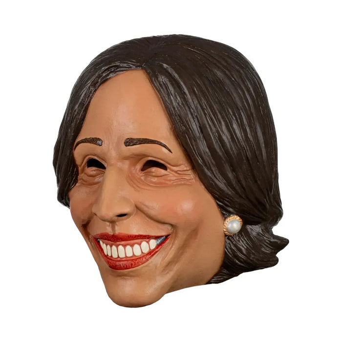 Máscara de látex de Kamala Harris sonriente con pelo oscuro