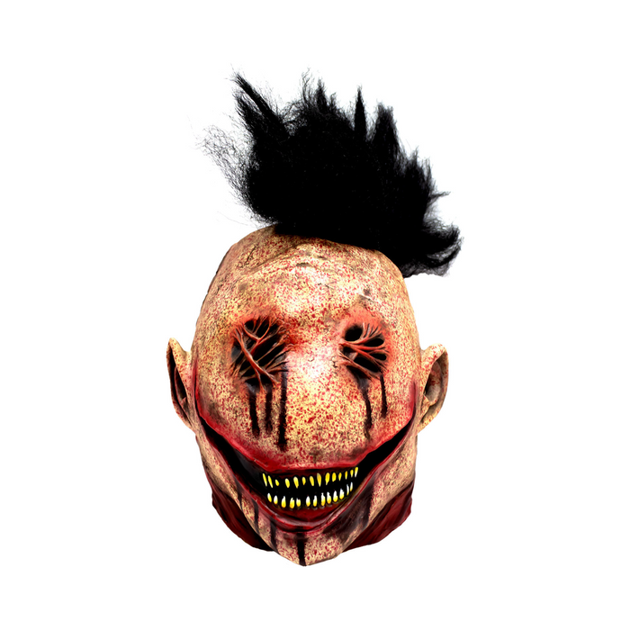 Máscara de látex de terror con ojos cosidos, gran sonrisa y pelo negro