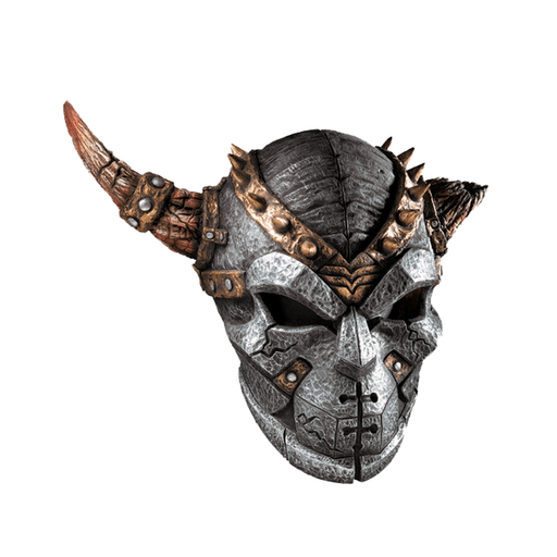 Máscara de látex de señor de la guerra con forma de casco plateado, cuerno y púas cobrizas