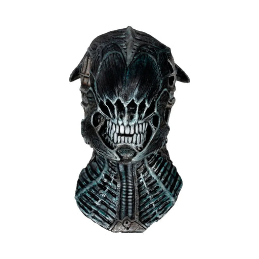 Máscara de látex Necro Sentinel con cuello, calavera biomecánica gris