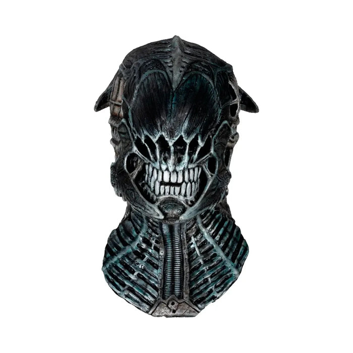 Máscara de látex Necro Sentinel con cuello, calavera biomecánica gris