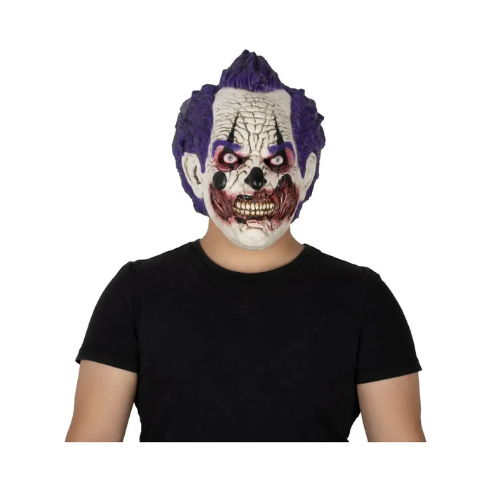 Máscara de látex de payaso de terror con pelo morado y rostro desgarrado