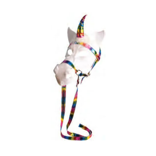 Máscara de unicornio blanca con cuerno y rienda en colores arcoíris