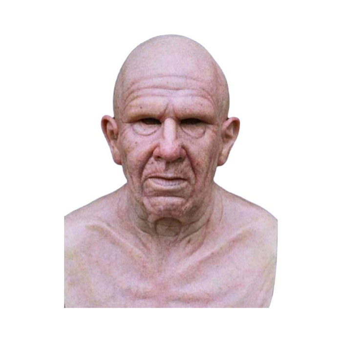 Máscara de hombre viejo calvo de cabeza completa con cuello y pecho, rostro arrugado