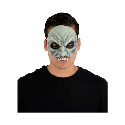 Media máscara de látex del Conde Drácula con colmillos de vampiro