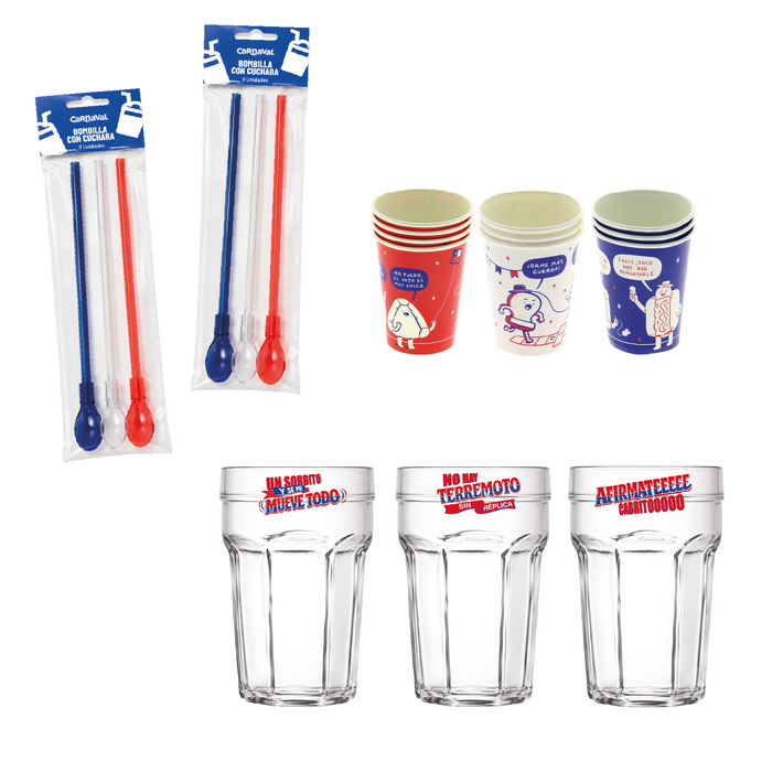Pack Terremoto Fiestas Patrias | Vasos + Cucharas Bombilla