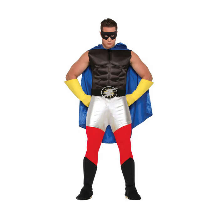 Hombre con disfraz de superhéroe y pantalón rojo