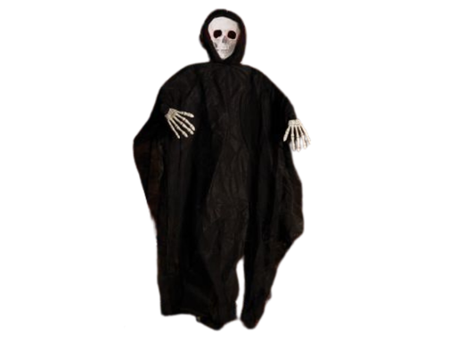 Parca colgante de Halloween con túnica negra, cara de calavera blanca y manos de esqueleto