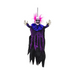 Payaso colgante de terror con cuello morado, capa negra rasgada y manos de esqueleto