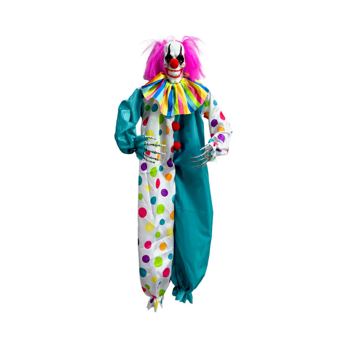 Payaso de terror colgante con pelo fucsia, cuello de colores y traje de lunares blanco y calipso