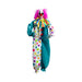 Payaso de terror colgante con pelo fucsia, cuello de colores y traje de lunares blanco y calipso