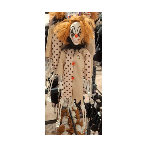 Payaso esqueleto colgante de 44 cm con pelo naranjo y traje crema de lunares, foto real en tienda