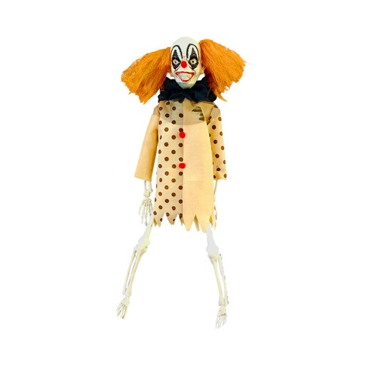 Payaso colgante de Halloween con pelo naranjo, traje de lunares y extremidades de esqueleto