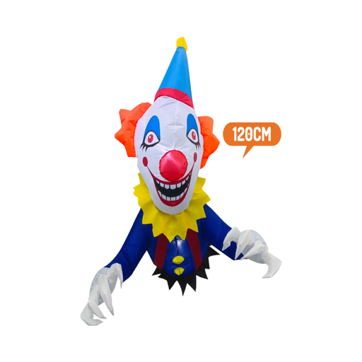 Payaso inflable de 120 cm con cara blanca, nariz roja, gorro azul, cuello amarillo y manos con garras