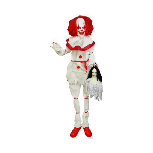 Payaso animatrónico de terror de 170 cm con pelo rojo, traje blanco con pompones rojos, sosteniendo una cabeza de mujer