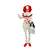 Payaso animatrónico de terror de 170 cm con pelo rojo, traje blanco con pompones rojos, sosteniendo una cabeza de mujer