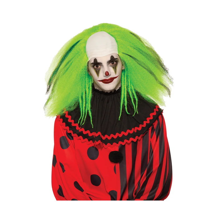 Hombre con peluca de payaso verde crespa con calva y maquillaje de payaso