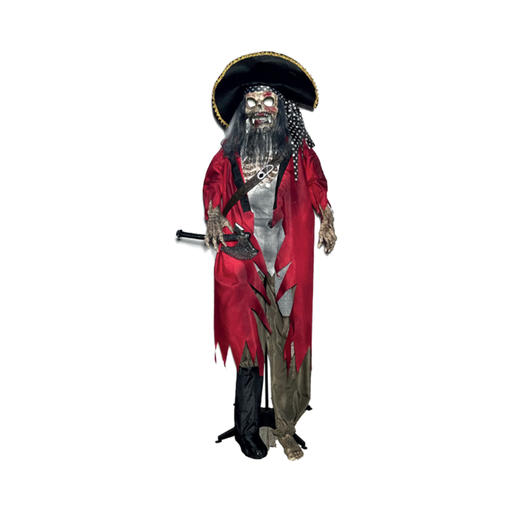 Animatronic pirata zombie 190 cm con sombrero de pirata, casaca roja rasgada y hacha