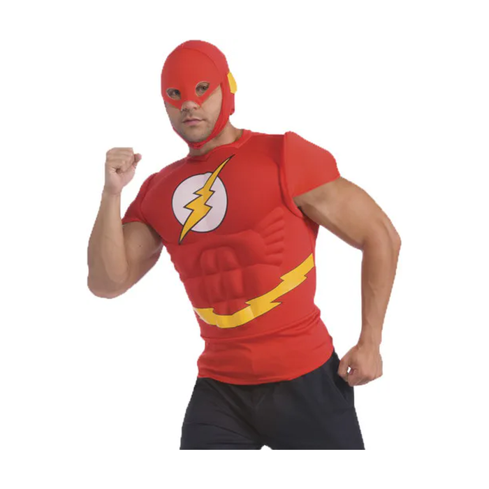 Hombre con polera de Flash con músculos y capucha
