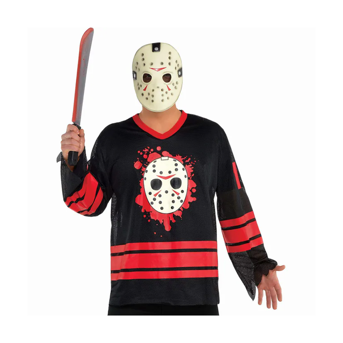 Polera negra tipo camiseta de hockey con la máscara de Jason estampada y franjas rojas