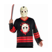 Polera negra tipo camiseta de hockey con la máscara de Jason estampada y franjas rojas