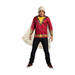 Hombre con polera roja de Shazam de manga larga con rayo y cinturón estampados, capa blanca y capucha