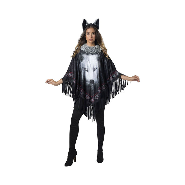 Poncho de lobo solitario para mujer, negro con estampado de lobo, flecos, cuello gris y orejas