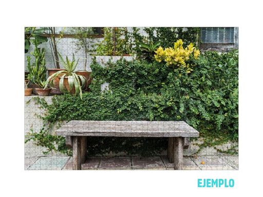 Ejemplo de puzzle personalizado con foto de jardín y banca