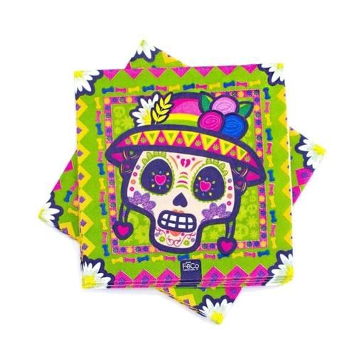 Servilletas Catrina verdes con calavera decorada con sombrero y flores de colores