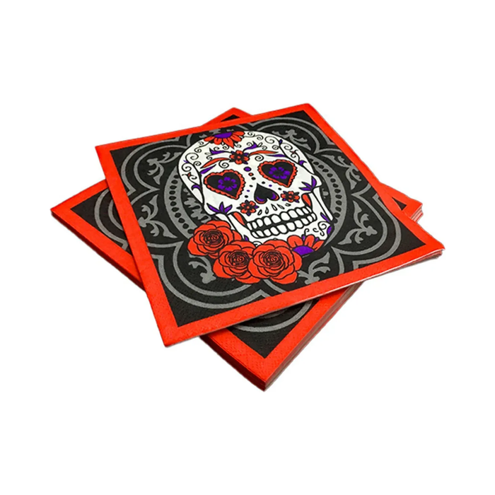 Servilletas Catrina con calavera decorada, rosas rojas, fondo negro y borde rojo
