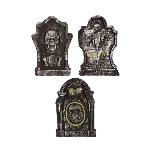 Set de 3 lápidas decorativas grises con calaveras y fantasmas