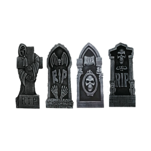 Set de 4 lápidas grises de Halloween con texto RIP, calaveras, parca, murciélago y gárgolas