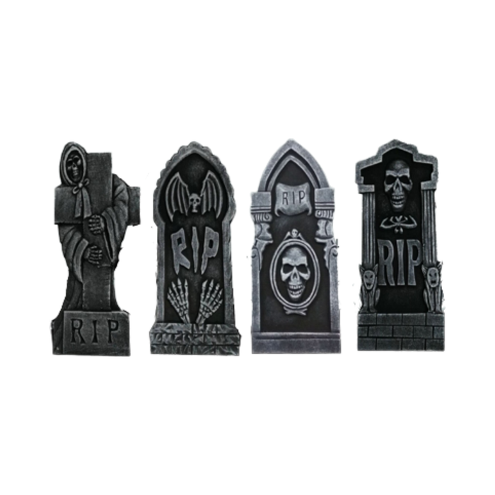 Set de 4 lápidas grises de Halloween con texto RIP, calaveras, parca, murciélago y gárgolas