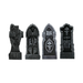 Set de 4 lápidas grises de Halloween con texto RIP, calaveras, parca, murciélago y gárgolas