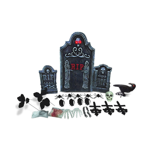 Set de decoración de Halloween con lápidas RIP, cruces, cuervo, calavera, arañas y cadenas