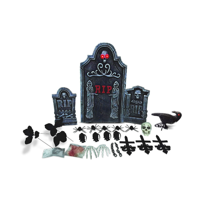 Set de decoración de Halloween con lápidas RIP, cruces, cuervo, calavera, arañas y cadenas