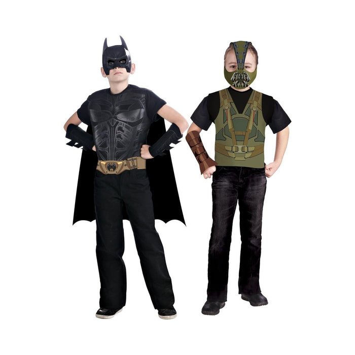 Set de disfraces Batman vs Bane para niños, pecheras con máscaras, capa y guantes