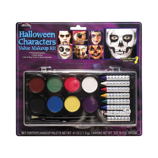 Set de maquillaje Halloween Characters Fun World con paleta de 8 colores, crayones y pincel en estuche