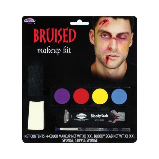 Set de maquillaje de moretones Bruised Fun World con paleta de 4 colores, Bloody Scab, esponjas y pincel en su empaque