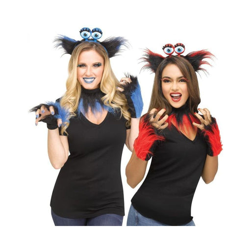 Set de monstruo luminoso con cintillo de ojos y orejas, gargantilla y mitones de pelo azul y negro