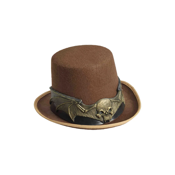 Sombrero de copa café estilo steampunk con banda de calavera y alas de murciélago