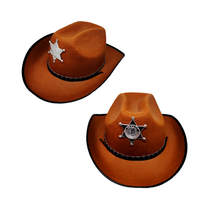 Sombreros de vaquero café con placa de sheriff