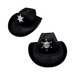 Sombrero de vaquero negro con placa plateada de sheriff