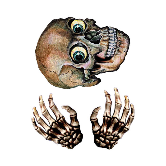 Sticker 3D de calavera con ojos saltones y dos manos de esqueleto para ventana