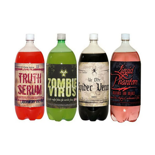 Botellas de bebida decoradas con stickers de Halloween con diseños de pociones de terror