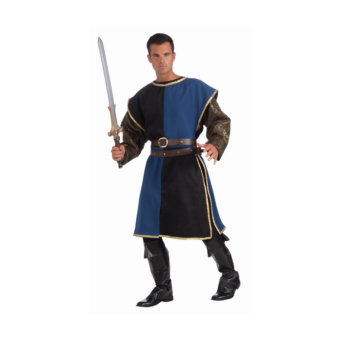 Hombre con tabardo medieval azul y negro con bordes dorados